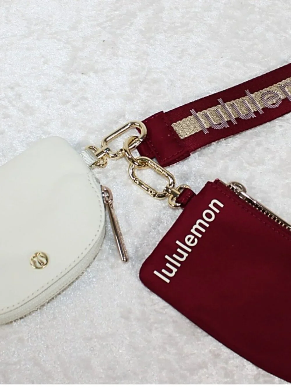 Lululemon Dual Pouch Wristlet Burgundy Cream Gold Hardware NWOT